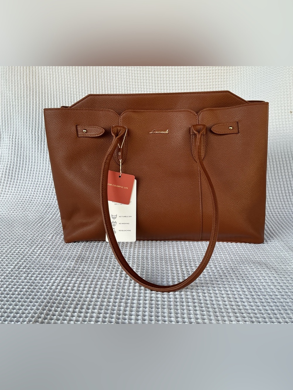 lovestitch Cognac Brown Pebbled Tote with Gold Logo
